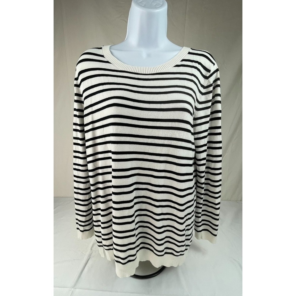 MARKET & SPRUCE WOMENS L PETITE STRIPED SWEATER ELBOW PATCH BLACK WHITE KNIT